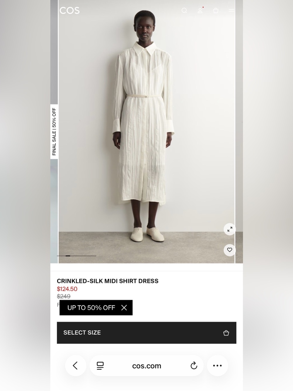 COS crinkled silk midi dress in ivory white